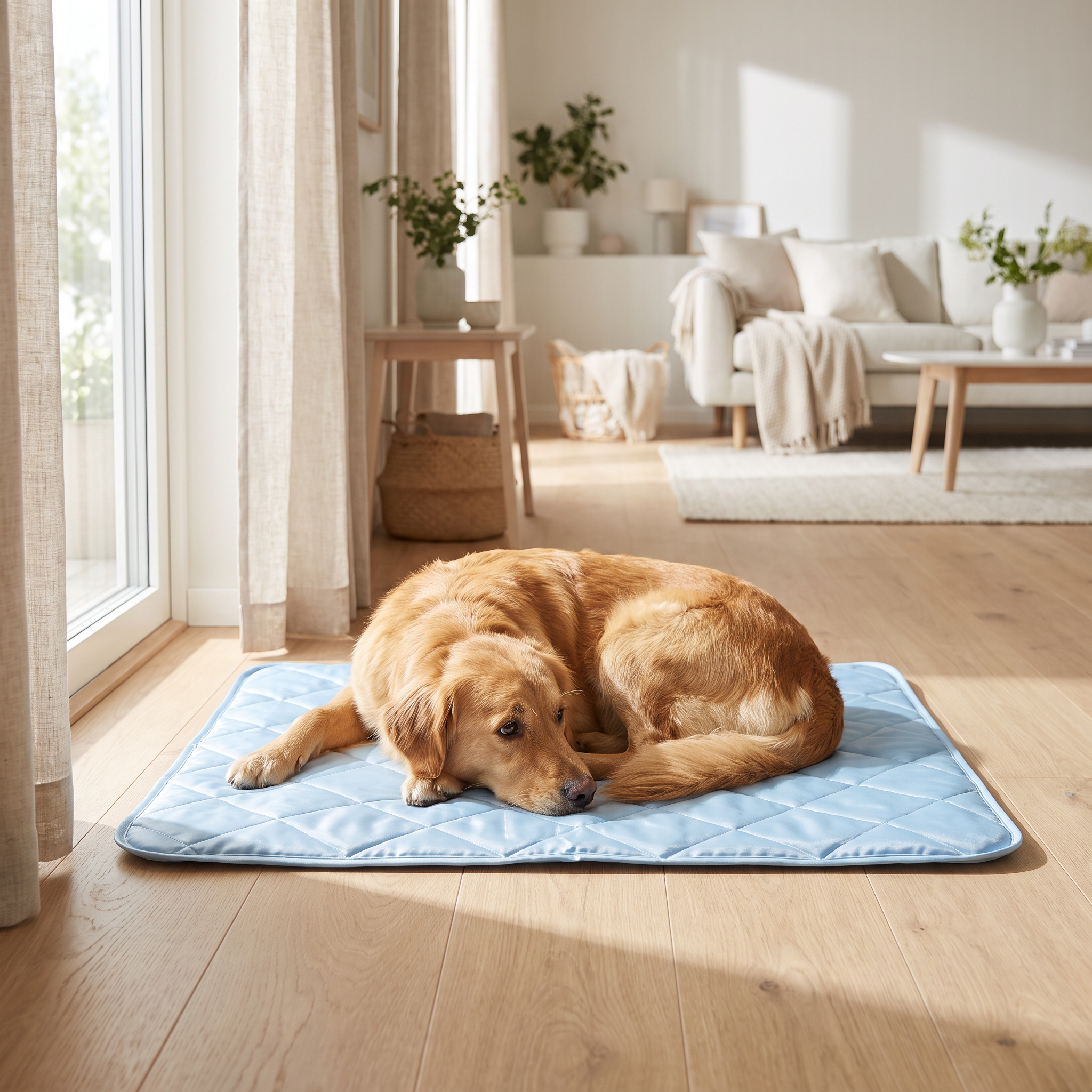 Dog resting on the cooling mat by a sunny window